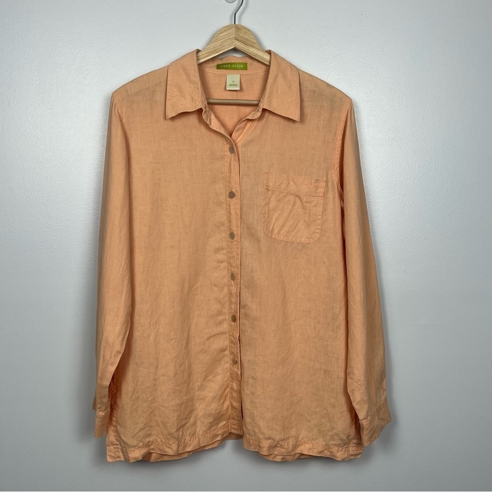 Sigrid Olsen light orange 100% linen long sleeve button front shirt, medium.